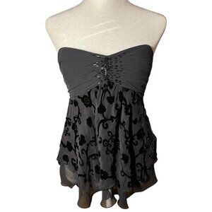 Y2K Express Babydoll Silk Strapless Top Beading Black Velvet Fairy Goth Size 6